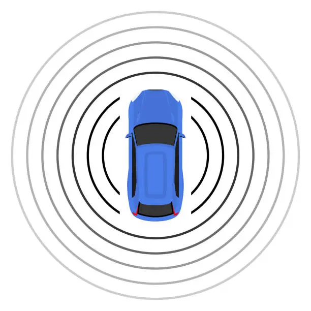 Vector illustration of Autonomous car top view futuristic system guidance above. Autonomous car park smart assist icon.