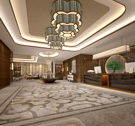 Digitally generated image of the luxurious hotel lobby. Interior of a beautifully decorated hotel waiting lounge with small tables and arms chairs with bar coutner at back.