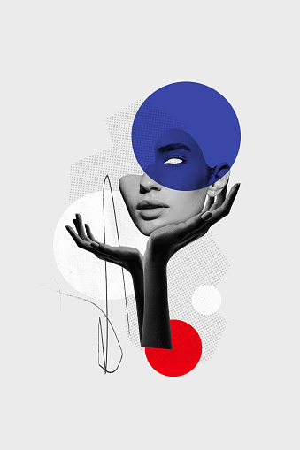 Contemporary art collage. Abstract monochrome portrait with blue circle overlay on face against background with red circle and white elements. Concept of modern aesthetic, minimalist and modern look.