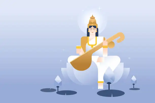 Vector illustration of Illustration of Indian goddess 'Saraswati' sitting on lotus