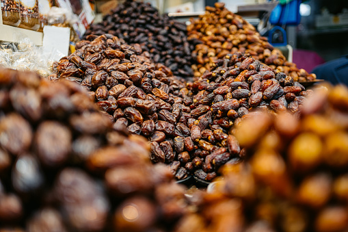 Dried dates for sale at Al-Mubarakiya Bazaar in Kuwait City.