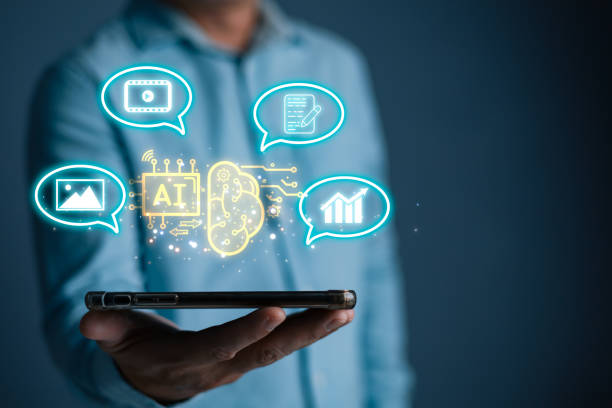 Man hold icon ai and use smartphone, Marketers education, research, analyze media video streaming content creation and online marketing strategies to grow their digital business.