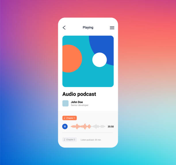 illustrazioni stock, clip art, cartoni animati e icone di tendenza di interfaccia del modello di app per il lettore di podcast musicali. audio mobile podcast lettore musicale sfondo design vettoriale. - animal background audio