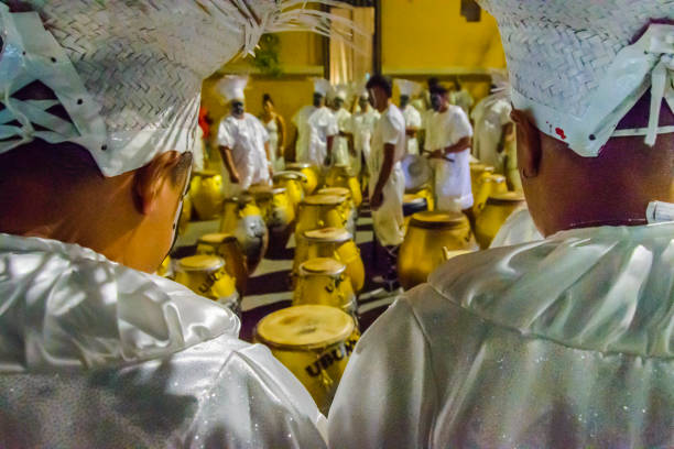 Montevideo, Uruguay -  February 11, 2024: Candombe comparsa waiting at steet before going to llamadas parade, montevideo, uruguay.