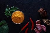Ground Turmeric and spices on dark background