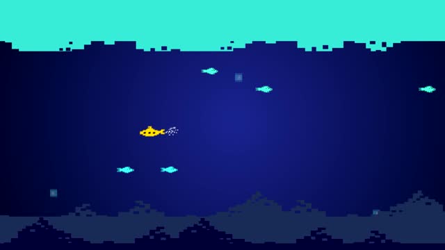 Old game animation in 8-bit style of a submarine shooting missiles and catching swimmers at the bottom of the sea, pixel art, retro.