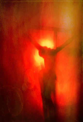 An abstract rendering of the crucifixion of Jesus Christ.