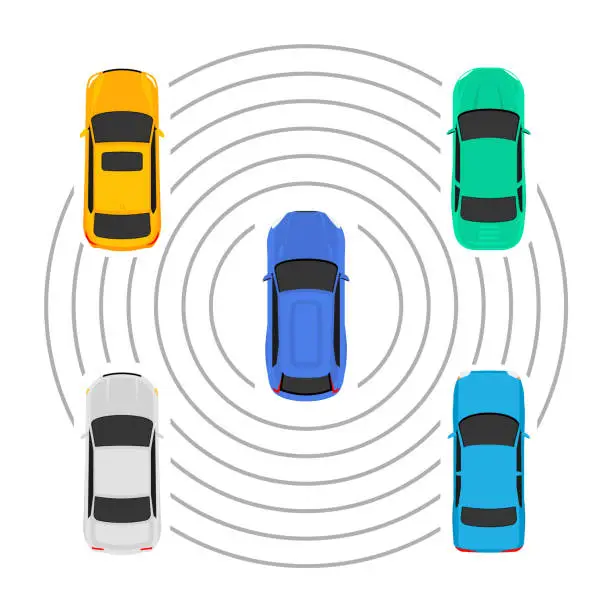 Vector illustration of Autonomous car top view futuristic system guidance above. Autonomous car park smart assist icon.