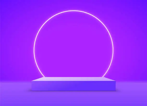 Vector illustration of Product podium background 3d display stand neon circle room. Show podium product scene purple background.