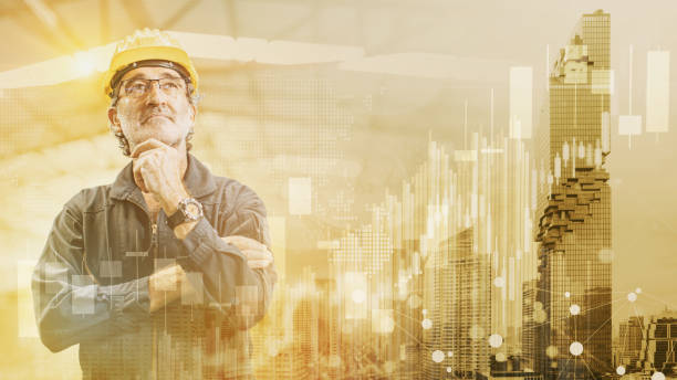 istock Professional engineer senior male thinking overlay modern city view office building for peoperty business civil management development projects 2012849205
