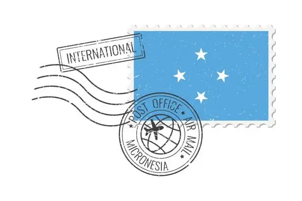 Vector illustration of Micronesia grunge postage stamp. Vintage postcard vector illustration with Micronesian national flag isolated on white background. Retro style.