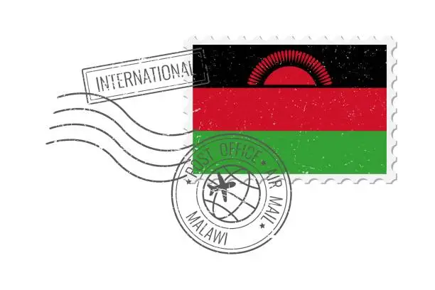 Vector illustration of Malawi grunge postage stamp. Vintage postcard vector illustration with Malawi national flag isolated on white background. Retro style.
