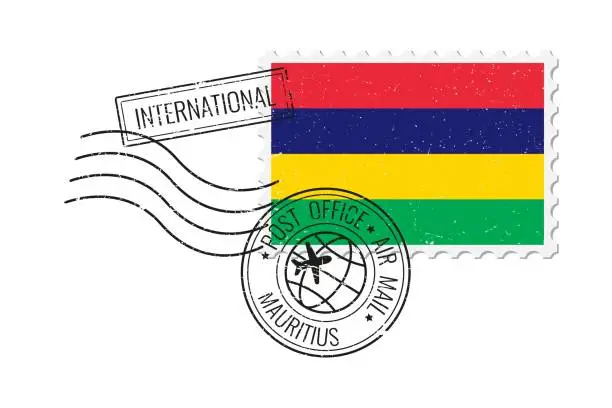 Vector illustration of Mauritius grunge postage stamp. Vintage postcard vector illustration with Mauritius national flag isolated on white background. Retro style.