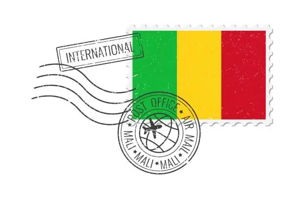 Vector illustration of Mali grunge postage stamp. Vintage postcard vector illustration with Malian national flag isolated on white background. Retro style.