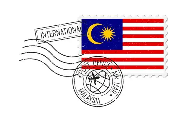 Vector illustration of Malaysia grunge postage stamp. Vintage postcard vector illustration with Malaysian national flag isolated on white background. Retro style.