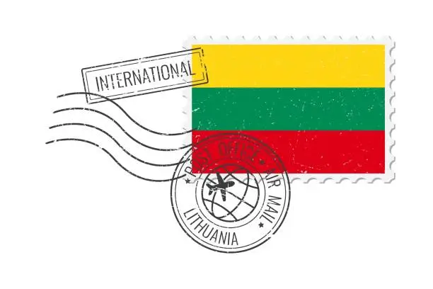 Vector illustration of Lithuania grunge postage stamp. Vintage postcard vector illustration with Lithuanian national flag isolated on white background. Retro style.