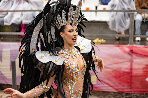 Samba school parade at the street Carnival in Sesimbra, Portugal, on February 13, 2024