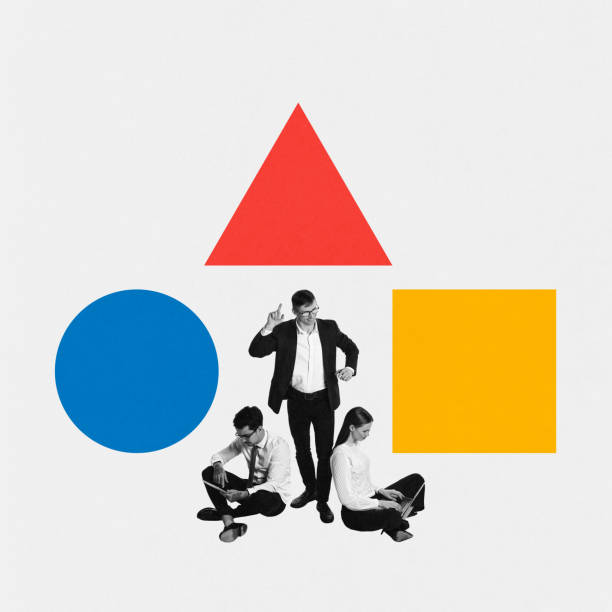 istock Modern aesthetic artwork. Minimalist composition with three people and large geometric shapes circle, triangle, and square. 2012882974