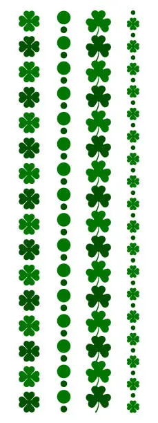 Vector illustration of St Patricks day clover leaf border line, set of green shamrock dividers, vertical decorative vector elements