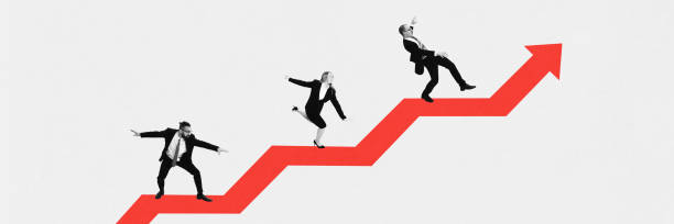 istock Banner. Contemporary art collage. Coworkers, go up on red chart support each other, symbolizing development and career advancement. 2012883087