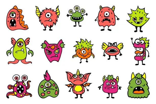 Vector illustration of Cartoon monsters. Funny aliens with horns and fluffy fur. Spooky animals. Color goblins with teeth. Bigfoots with happy or angry faces. Ugly little mutants. Vector isolated beasts set