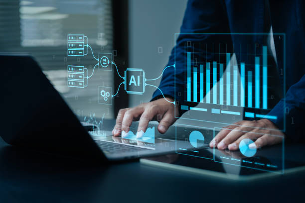 ai, analisi dei dati. gli uomini d'affari utilizzano l'intelligenza artificiale per analizzare i dati relativi alla finanza. big data misurazione complessa delle prestazioni con una tecnologia moderna e innovativa - intelligenza artificiale foto e immagini stock