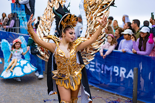 Samba school parade at the street Carnival in Sesimbra, Portugal, on February 13, 2024