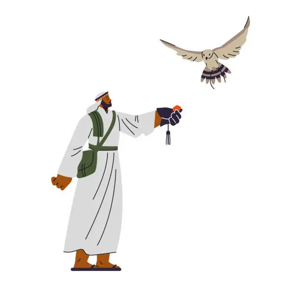 Vector illustration of Vector Illustration of falconer man in robe releases falcon into flight