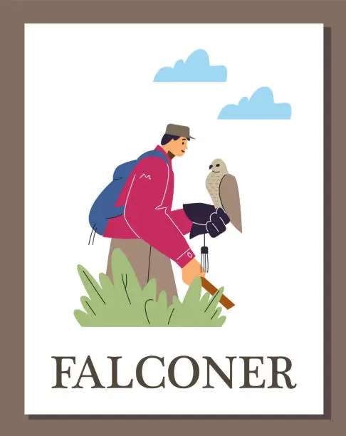 Vector illustration of Man with backpack and hawking glove holding falcon bird on nature, cartoon vector Falconer poster, falconry, hunting