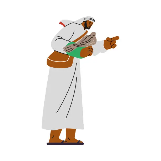 Vector illustration of Vector Illustration of man in white robe practicing falconry