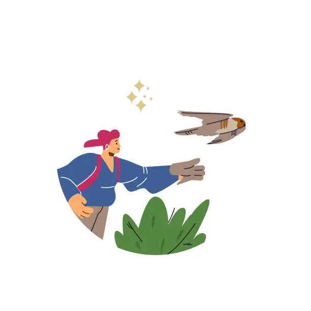 Vector illustration of Round shape with smiling woman extends gloved hand to flying falco