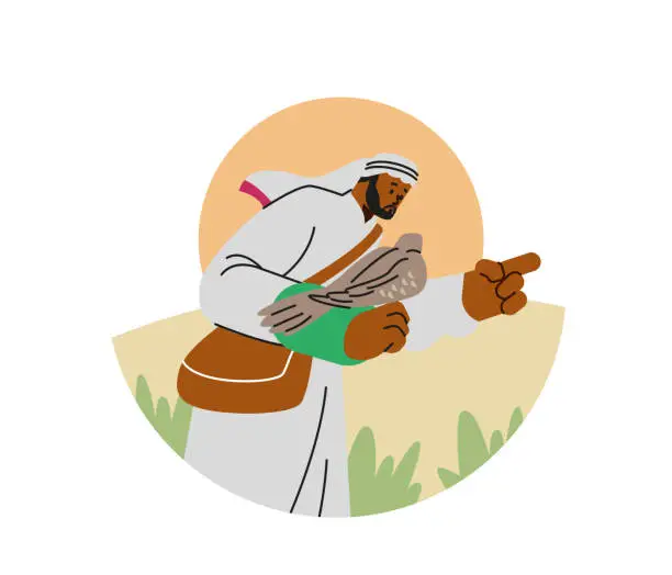 Vector illustration of Vector illustration of falconry with man and falcon against circular desert backdrop