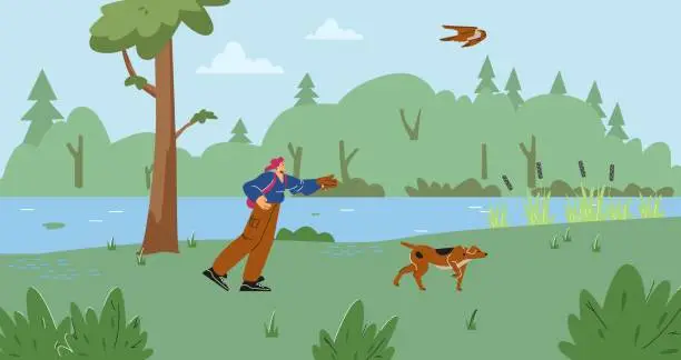 Vector illustration of Person and hawking glove hunting with falcon bird and dog in the forest near the lake, vector cartoon Falconry training