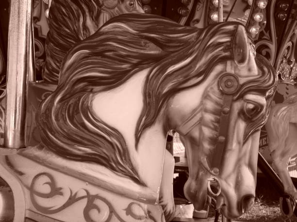 Retro style carousel horses close-up view, children playground,  San Froilán celebrations,  Lugo city, Galicia, Spain.