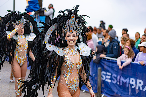 Samba school parade at the street Carnival in Sesimbra, Portugal, on February 13, 2024