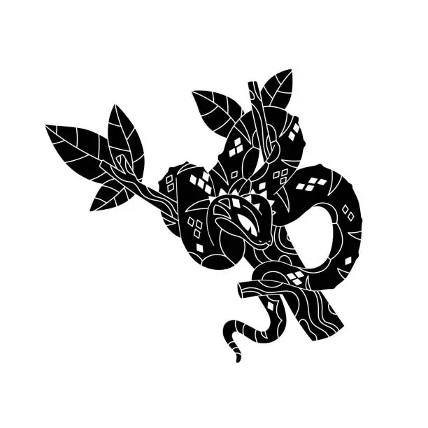 Vector illustration of Horned viper on tree line art. Monochrome patterned snake on branch. Black venomous serpent in leaves silhouette. Dangerous exotic reptile. Flat isolated vector illustration on white background