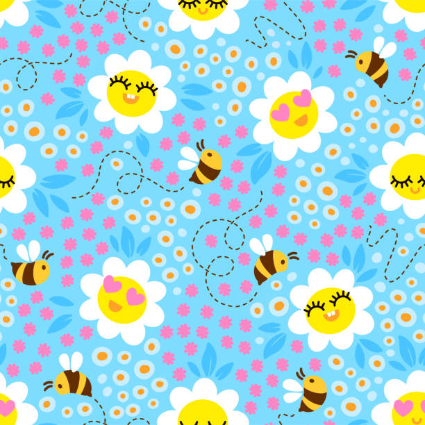 pszczoły na kwietnej łące. ręka utopić bezszwowy wzór wektorowy - bee backgrounds chamomile plant fragility stock illustrations