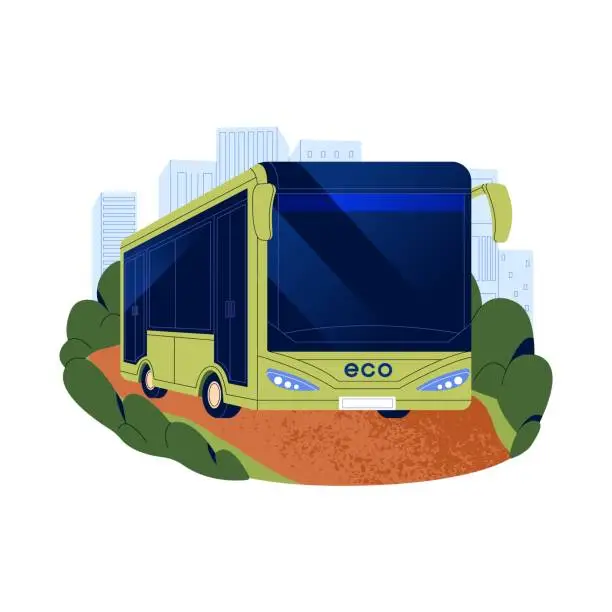 Vector illustration of Eco bus with hydrogen motor. Electric public transport on green energy. Sustainable city vehicle. Ecologic clean transportation. Ecology concept. Flat isolated vector illustration on white background