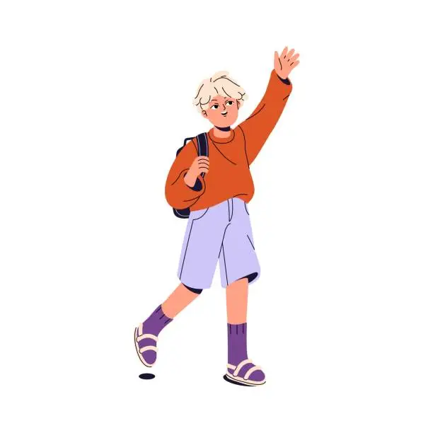 Vector illustration of Happy boy goes to school, waves his hand in greeting gesture. First grader, student carries backpack. Cute child, kid walks. Elementary education concept. Flat isolated vector illustration on white