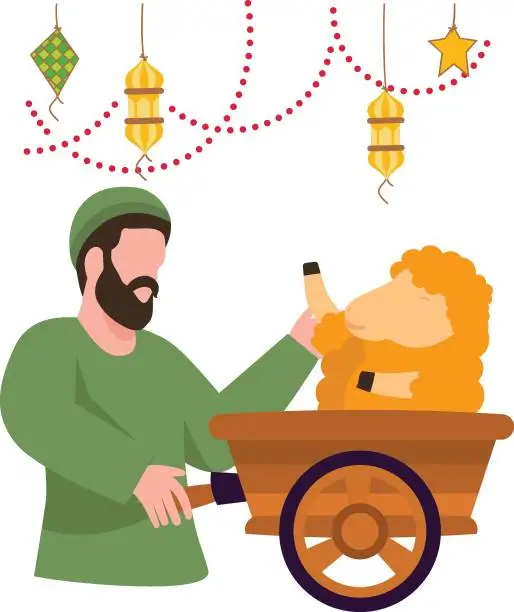 Vector illustration of rancher bringing his goat on Wheel Crate concept, Farmer Transporting goats home or to market vector design, Eid al-Azha Eid ul Kabir Symbol, Hajj Sign, Muslims religious Festival Stock illustration