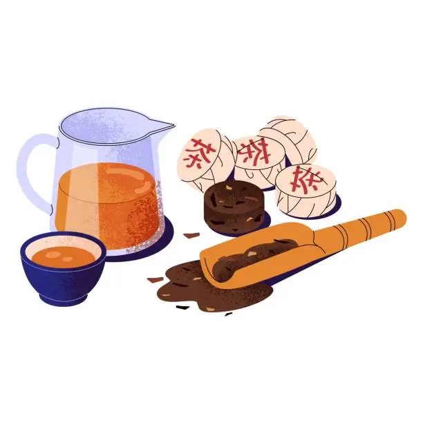 Vector illustration of Traditional tea ceremony. Pressed, compressed puer bricks. Wooden scoop for dried herbs. Japanese herbal drink in cup. Pu erh in glass jug. Flat isolated vector illustration on white background