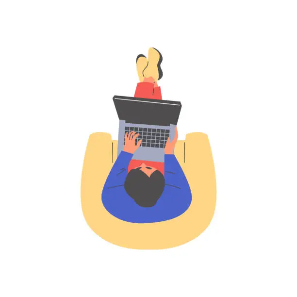 Vector illustration of Top view of freelancer man sitting in the armchair at home and working on laptop online, overhead view character vector