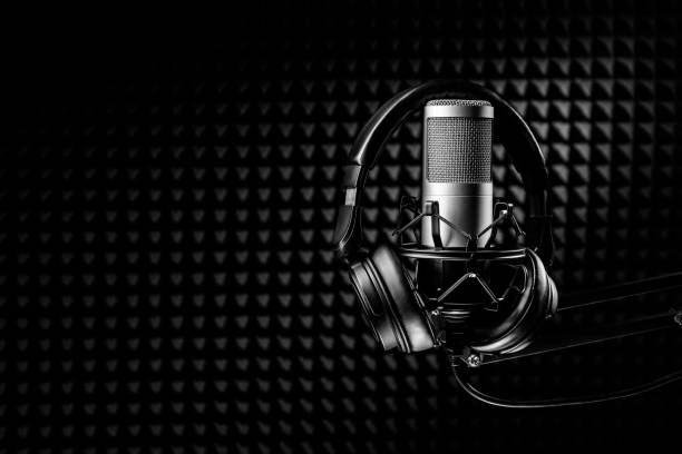 Studio condenser microphone with professional headphones and black sound proof panel. Studio condenser microphone with professional headphones and black acoustic sound proof panel. black and white headphones stock pictures, royalty-free photos & images