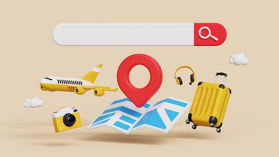 3D Travel and Tourism concept. 3D navigation pin with mini map, airplane luggage or baggage, camera and headphone with search bar. Travel advertising and marketing. 3d illustration