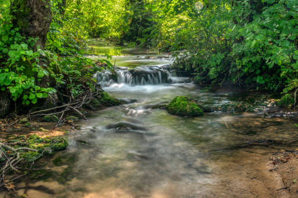 Türkisfarbene Farbe des Wassers im Sommer am Fluss Janj – Foto