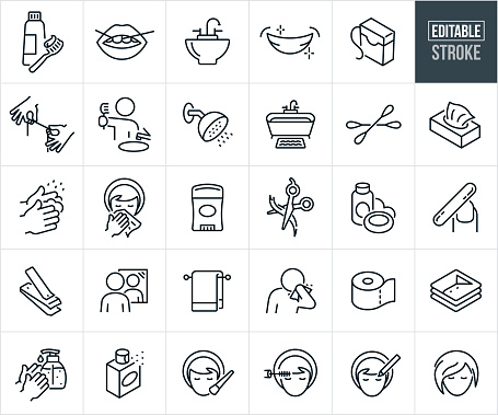 A set of personal care and hygiene icons that include editable strokes or outlines using the EPS vector file. The icons include a toothbrush and toothpaste, dental floss flossing teeth, bathroom sink, clean teeth smile from good oral hygiene, dental floss, hands holding dental floss, person brushing his teeth, shower head spraying water, bathtub full of water, cotton swabs for good hygiene, tissues, person washing hands, woman using a tissue to blow nose, deodorant, haircut with scissors, shampoo and soap, nail file filing fingernails, fingernail clippers, person looking in mirror at self, bath towel on rack, person using a tissue to blow nose, toilet paper, clean folded cloths, hands using hand sanitizer, perfume, woman applying makeup, woman applying eye shadow and a woman with makeup and styled hair ready for the day.