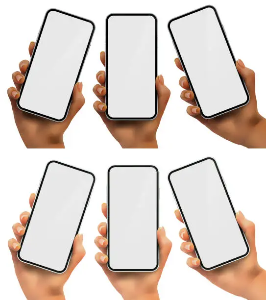 Vector illustration of Vector hand templates with smartphones displaying empty screens, including black and white versions.