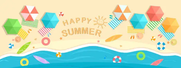 Vector illustration of Happy summer beach sea banner vector illustration, top view colorful beach background with umbrella, mat, ball, swim ring, surfboard, hat, starfish, shell. Aerial view bright life outdoor activity