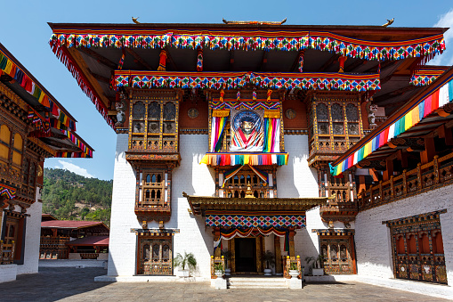 Exterior of the rich decorated Punkha Dzong in Punakha, Bhutan, Asia