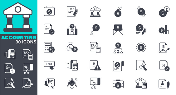 Accounting Icons set.
Icon Symbol, Accountancy, Calculator, Finance, Budget, Business